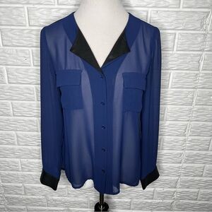 EXPRESS Semi-Sheer Blue Blouse with Black Faux Leather / Snake Texture Size S